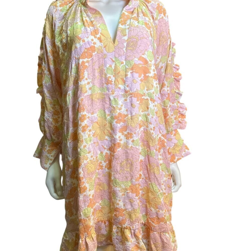 Karlie Womens V-Neck Ruffle Sleeve Seersucker Floral Mini Dress Size Large, EUC
